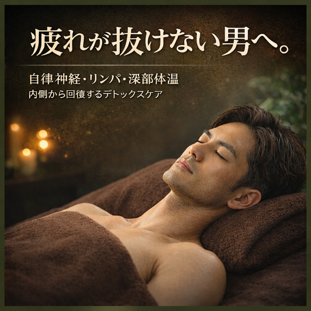自律神経とリンパを整え、深部体温を高めながら疲労回復を促す男性向けデトックスケアで深くリラックスする様子