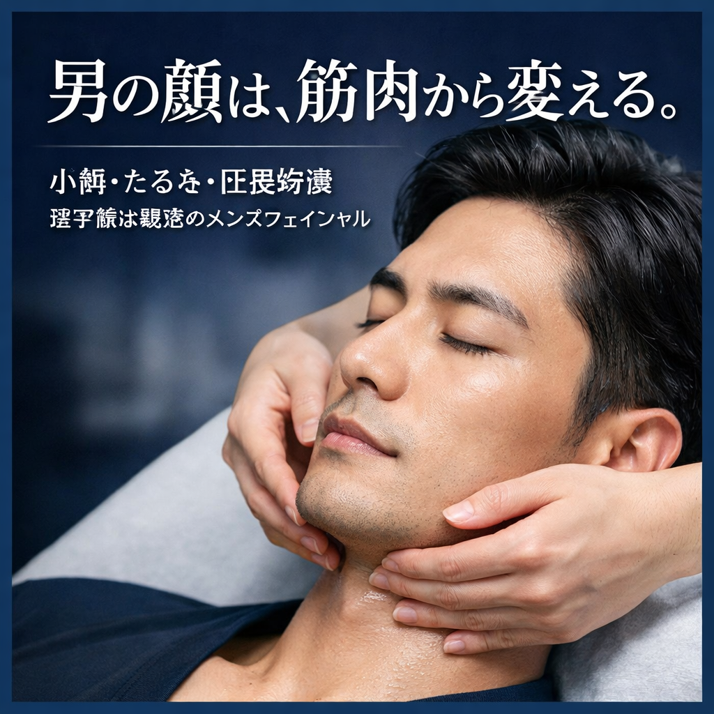理学療法発想で男性のフェイスラインと筋肉を評価し、小顔とたるみ改善を行うメンズフェイシャル施術風景