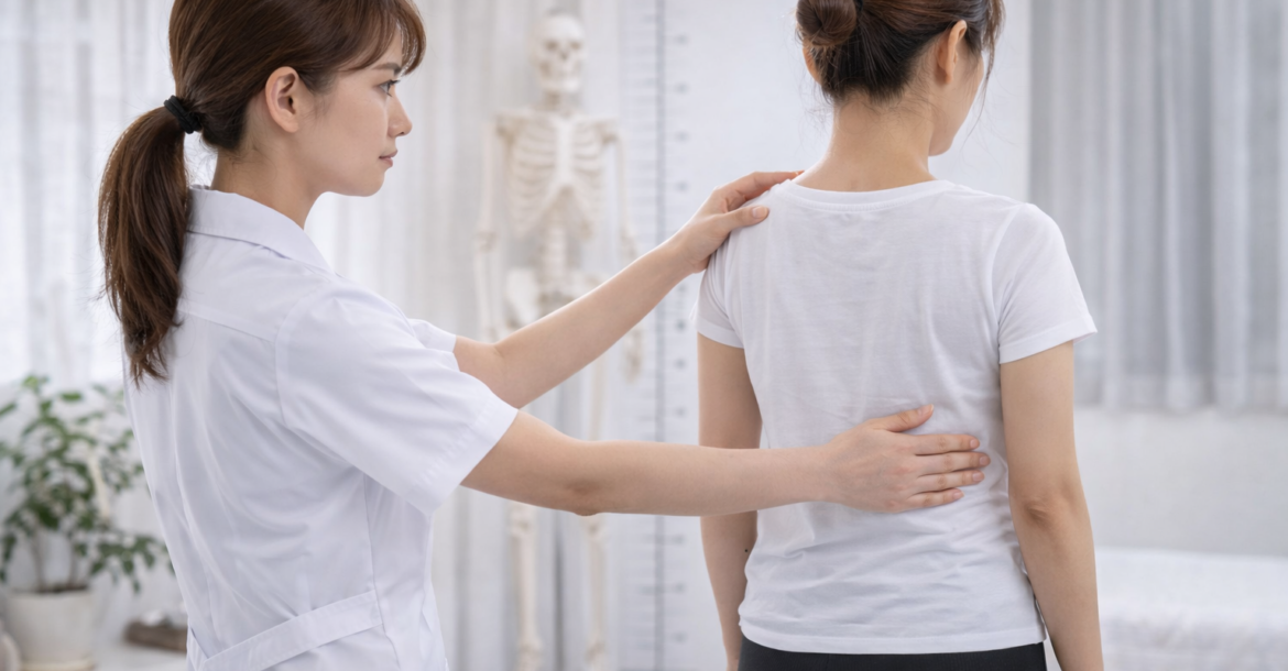 理学療法士の女性施術者が施術前に全身の姿勢とバランスを評価しているチェックの様子｜バンコクRENEスパ