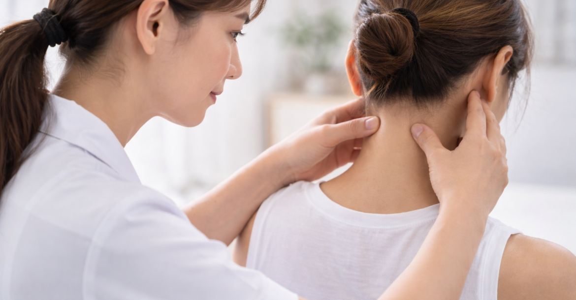 理学療法士の女性施術者が首と後頭部、姿勢を確認している施術前チェックの様子｜バンコクRENEスパ
