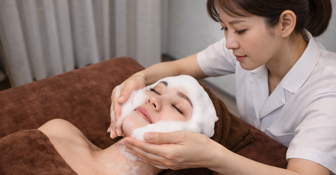 女性セラピストが頭側から首とフェイスラインを施術する白玉点滴泡フェイシャル｜バンコクRENEスパ