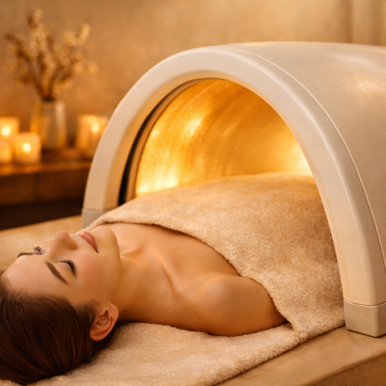 遠赤外線ドームサウナでリラックスする女性の様子（ゴールドトーンの高級スパ空間）
