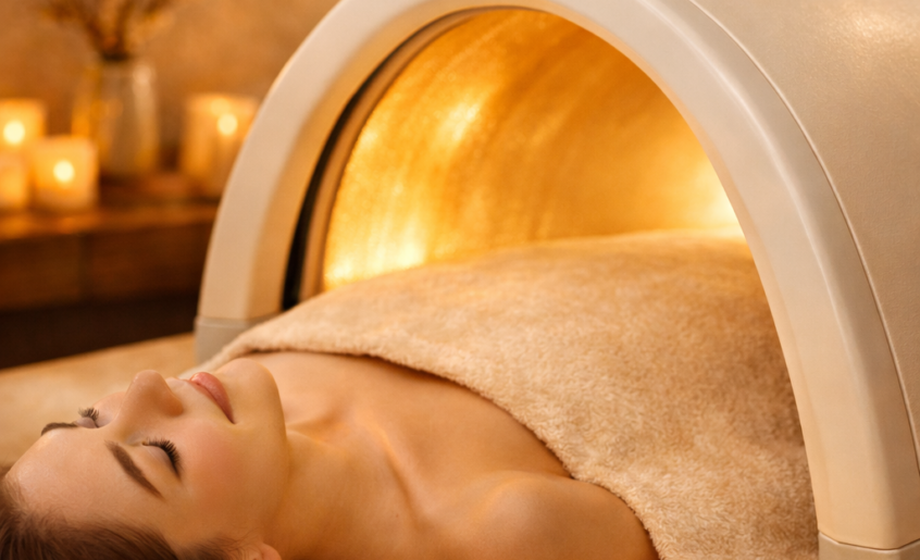 遠赤外線ドームサウナでリラックスする女性の様子（ゴールドトーンの高級スパ空間）