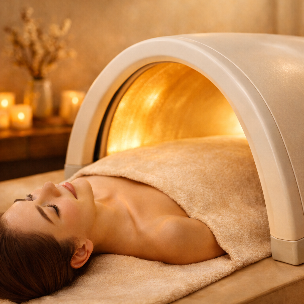 遠赤外線ドームサウナでリラックスする女性の様子(ゴールドトーンの高級スパ空間)